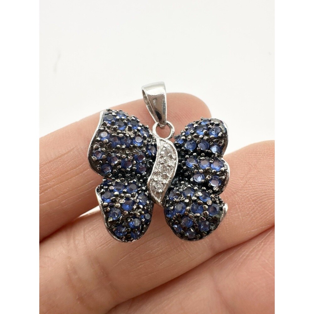 925 Sterling Silver Pave Butterfly Pendant Blue